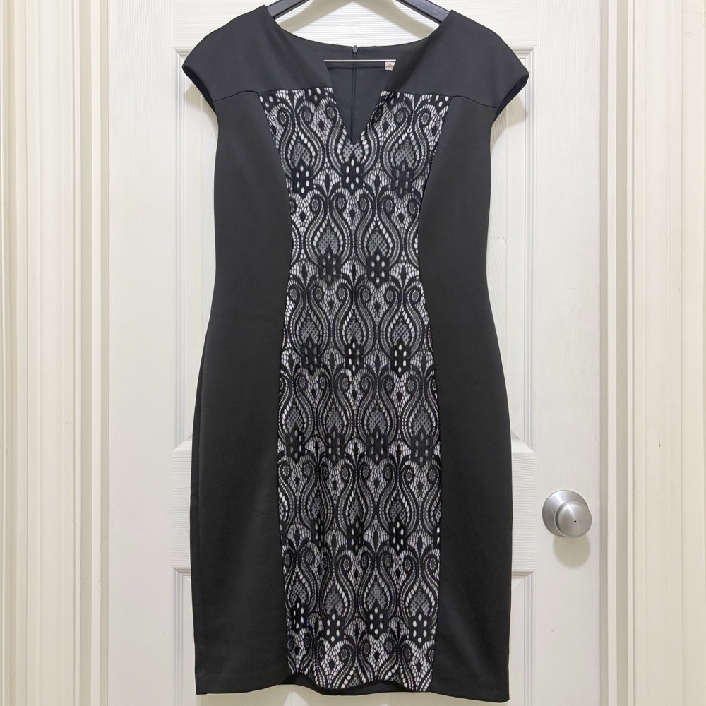 Dressbarn Sheath Dress Black White Lace Panel Size 12 Cap Sleeve‎ Notched Neck - Picture 4 of 10